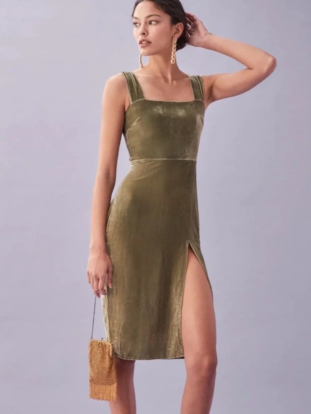 BNWT Reformation 'Navy' velvet midi dress, artichoke (sage), 2 / XS